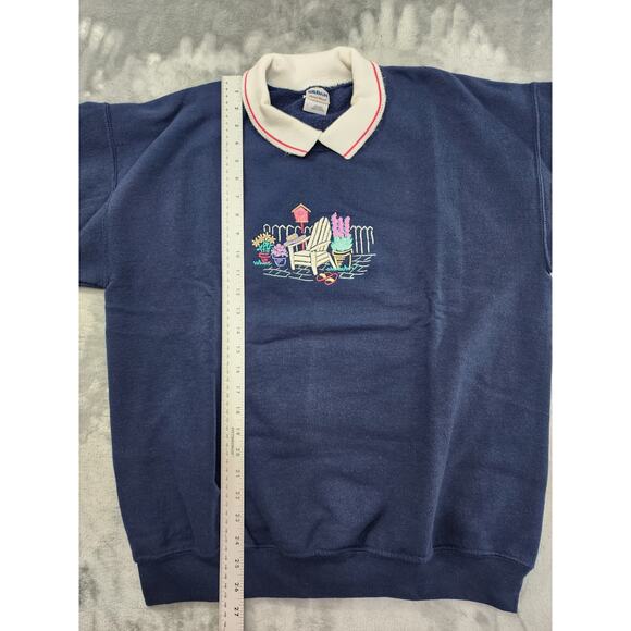 Vintage 90s Gildan Collared Embroidered Sweatshirt Size L Blue White Pink Casual - Picture 9 of 10